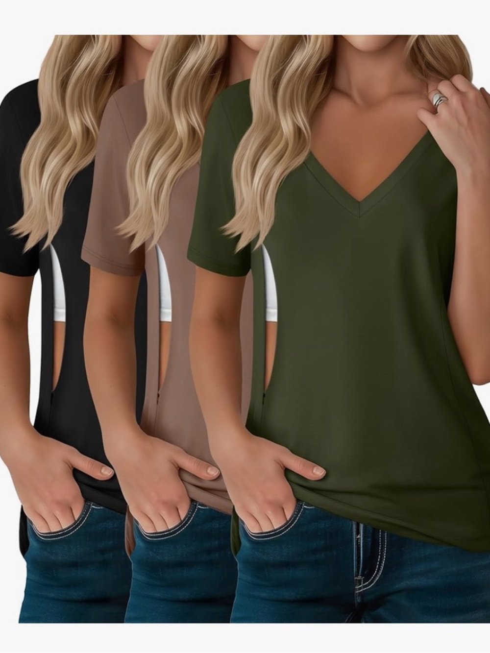 V-Neck Short Sleeve Tee in Olive, Brown, Black - Classic Everyday nursing Top
